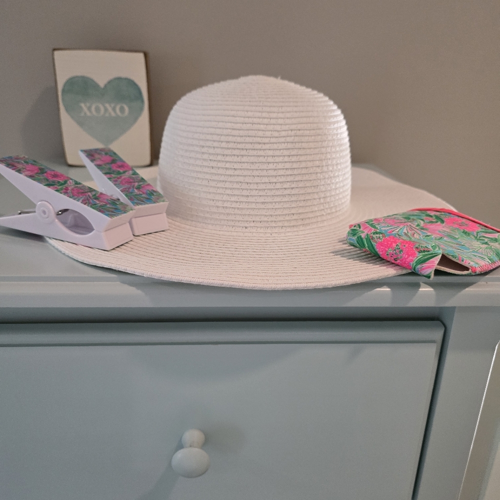 New Designer Beach Hat and Lilly Beach Clips and koozi